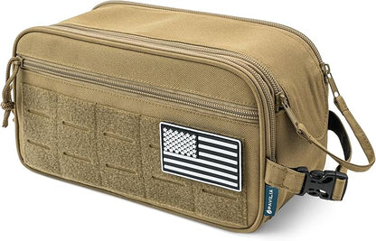 PAVILIA Tactical Toiletry Bag for Men, Travel Hygiene Bag, Military Gear Dopp Kit, Water Resist Molle Accessories Pouch, Mens Shaving Essentials, Gym Bathroom Shower Small Toiletries Tool EDC, Tan
