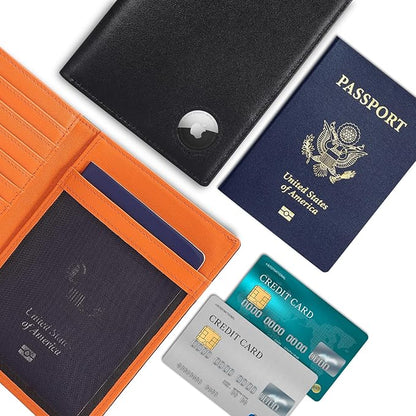 Polare Luxury RFID Blocking Leather Passport Holder Travel Wallet For Men and Women (Black/Brown with AirTag Slot)