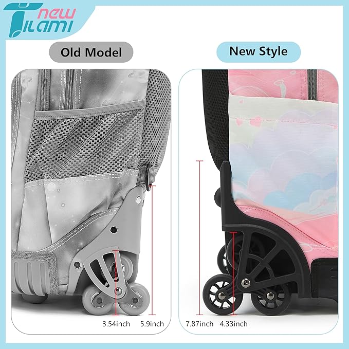 NEW TILAMI 18 Inch Rolling Backpack with Wheels for Girls Boys Kids Laptop Backpack School Travel, Pink Sunset