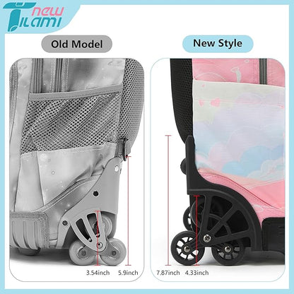 NEW TILAMI 18 Inch Rolling Backpack with Wheels for Girls Boys Kids Laptop Backpack School Travel, Pink Sunset