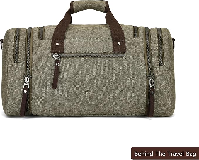 Travel bag large capacity men's luggage bag, expandable canvas leather 55 liters large capacity weekend hiking waterproof(green)