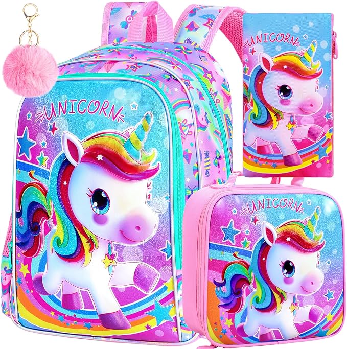 WZLVO 3PCS Kids Backpack for Girls, 16'' Girls Unicorn Backpacks with Lunch Box, Cute Animal Water Resistant School Bag Set for Elementary Kindergarten Toddler