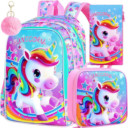 WZLVO 3PCS Kids Backpack for Girls, 16'' Girls Unicorn Backpacks with Lunch Box, Cute Animal Water Resistant School Bag Set for Elementary Kindergarten Toddler