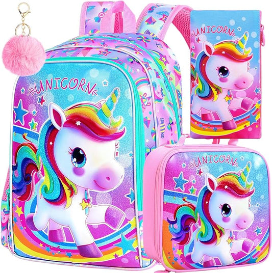 WZLVO 3PCS Kids Backpack for Girls, 16'' Girls Unicorn Backpacks with Lunch Box, Cute Animal Water Resistant School Bag Set for Elementary Kindergarten Toddler