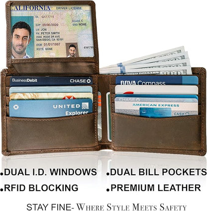 Top Grain Leather Wallet for Men | RFID Blocking | Extra Capacity Bifold Wallet with 2 ID Windows | Ultra Strong Stitching | Slim Billfold with 8 Card Slots | Gift for Him
