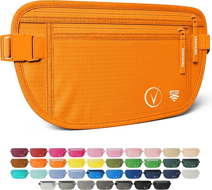 Vantamo Money Belt with RFID For Men & Women, Hidden Passport Holder for Travel, 2 Compartment Travel Fanny Pack for Women Anti Theft