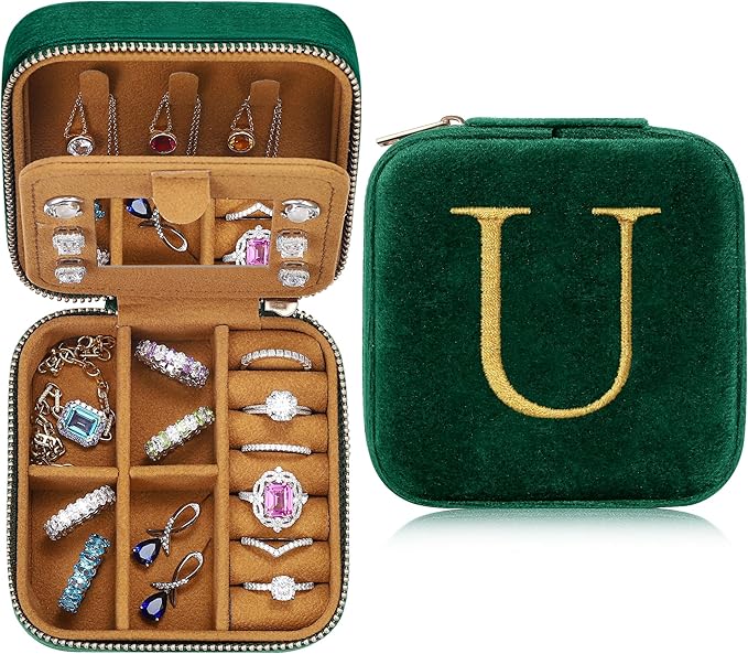 Parima Plush Velvet Travel Jewelry Case Jewelry Box - Personalized Small Jewelry Case Organizer Jewelry Boxes Travel Essentials for Women Birthday Mom Friends Her Teenage Gifts - Letter U, Green