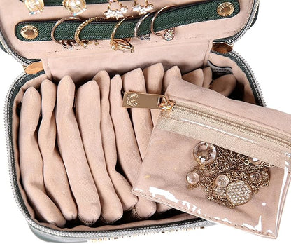 Angelina's Palace Jewelry Organizer Case Bridesmaid Gifts Travel Bag Vegan Leather Box for Necklace Earring Bracelet Ring(deep evergreen)