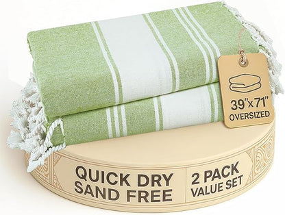 LANE LINEN Turkish Beach Towel 2 Pack, Oversized Beach Towel 39"x71", Lightweight Beach Essentials for Women, Large Pool Towel, Absorbent & Quick Dry, Sand Free Beach Towel - Jade Lime