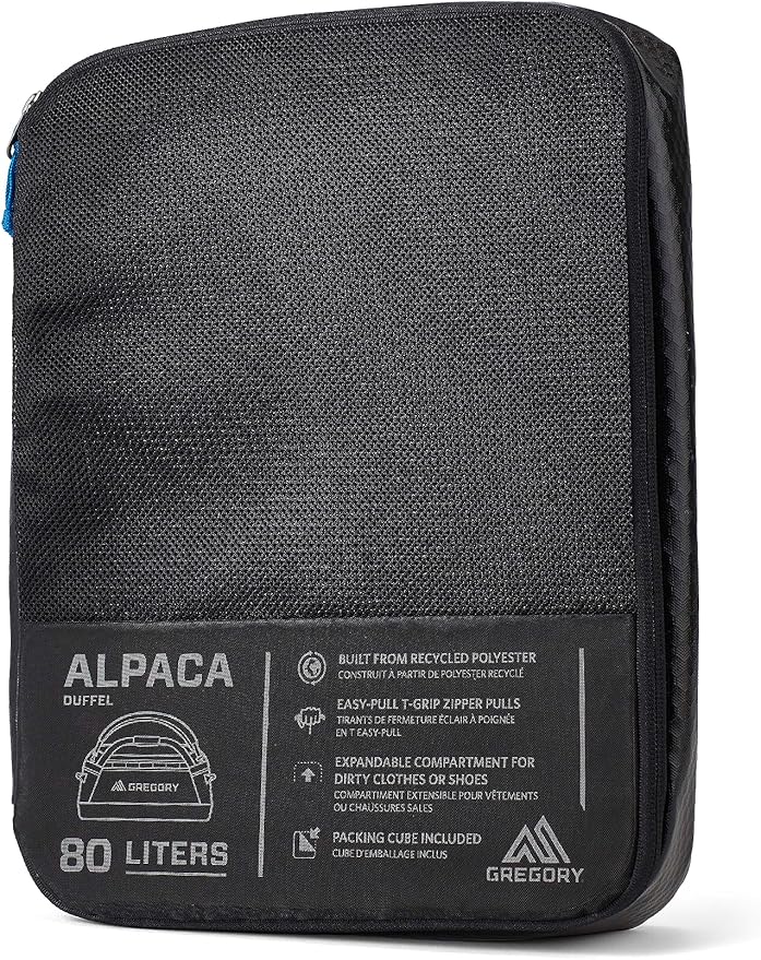 Gregory Alpaca 80L Water-Resistant Adventure Travel/Gear Organization Duffel Bag with Packing Cube Included, Obsidian Black