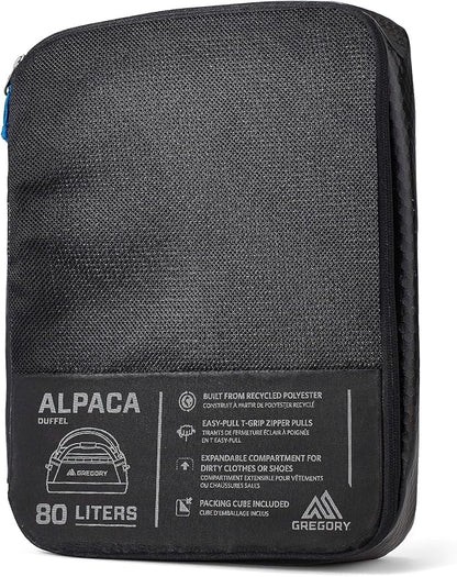 Gregory Alpaca 80L Water-Resistant Adventure Travel/Gear Organization Duffel Bag with Packing Cube Included, Obsidian Black