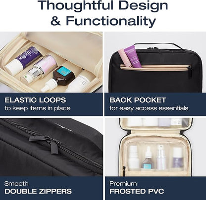 KAZAY Hanging Toiletry Bag with TSA Approved Detachable Pouch, Travel Toiletry Bag, Water Resistant, Premium Nylon, Travel Size Toiletries Cosmetic Bag, Makeup Bag, Unisex (Black)