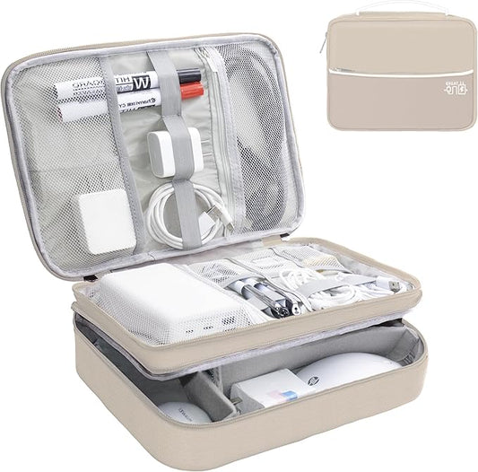 Electronics Organizer, Portable Cable Organizer Bags, Waterproof Electronic Accessories Storage Case for Cables, Cords, Charger, Phone (Three Layer-Beige)