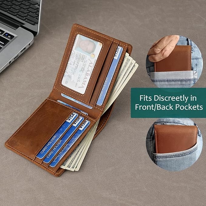 Mens Slim Bifold Wallet RFID Blocking | Genuine Leather Back/Front Pocket Design for Men | 6 Card Slots, 2 Cash Pockets & 1 ID Window | 4x3x0.7″ Thin Horizontal Wallets Christmas Gift Box