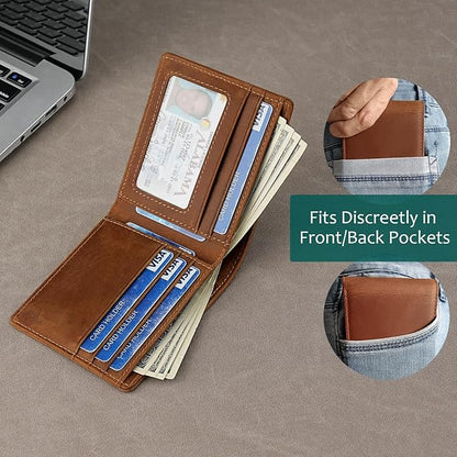 Mens Slim Bifold Wallet RFID Blocking | Genuine Leather Back/Front Pocket Design for Men | 6 Card Slots, 2 Cash Pockets & 1 ID Window | 4x3x0.7″ Thin Horizontal Wallets Christmas Gift Box