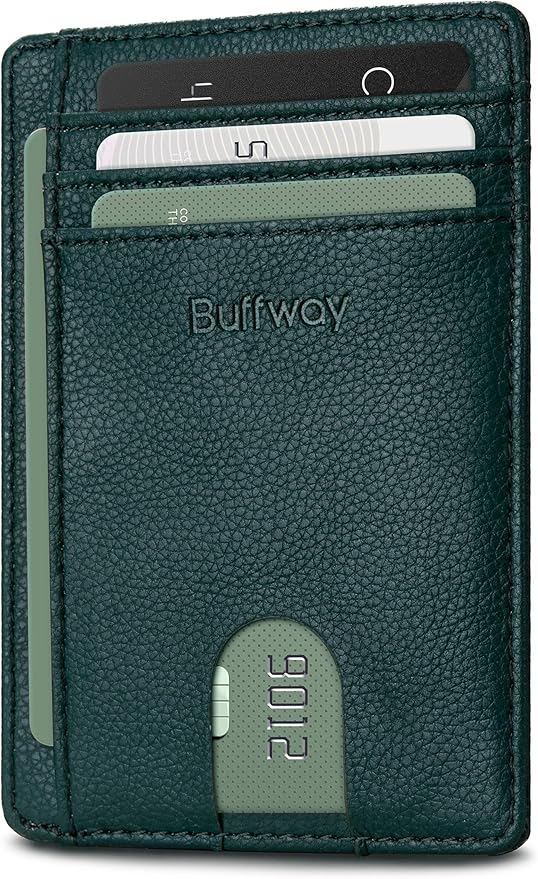 Buffway Slim Minimalist Front Pocket RFID Blocking Leather Wallets for Men and Women - Lichee Green