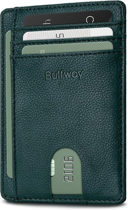 Buffway Slim Minimalist Front Pocket RFID Blocking Leather Wallets for Men and Women - Lichee Green