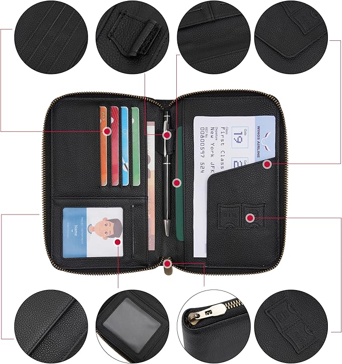 WASON Leather Zipper Travel Passport Wallet Holder RFID Blocking Cover, Passport case Pocket Slot for Card, Cash, ID, Boarding Pass and Ticket for Men, Women and Family Trips (Black)