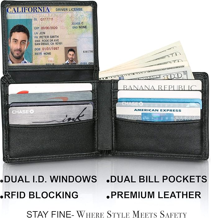 Top Grain Leather Wallet for Men | RFID Blocking | Extra Capacity Bifold Wallet with 2 ID Windows | Ultra Strong Stitching | Slim Billfold with 8 Card Slots | Gift for Him