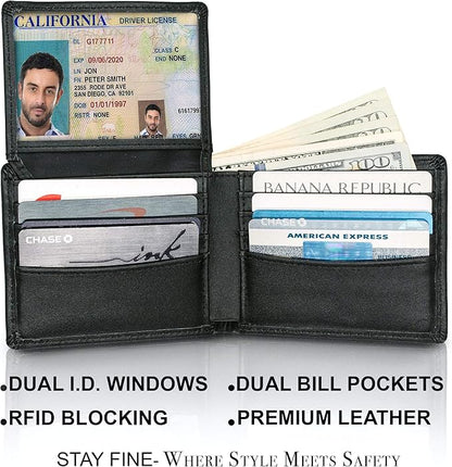Top Grain Leather Wallet for Men | RFID Blocking | Extra Capacity Bifold Wallet with 2 ID Windows | Ultra Strong Stitching | Slim Billfold with 8 Card Slots | Gift for Him