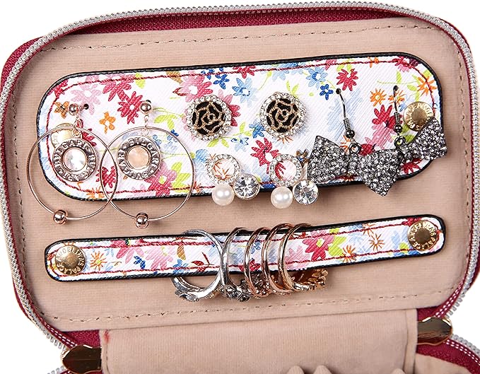 Angelina's Palace Jewelry Organizer Case Bridesmaid Gifts Travel Bag Vegan Leather Box for Necklace Earring Bracelet Ring(blossom wine)