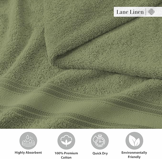 Lane Linen 100% Cotton 4 Pack Bath Towels (30"x60") - Zero Twist, Mercerized Cotton Bathroom Towel Set - Quick Dry, Extra Soft & Absorbent Large Bath Towels - Tumble Dry Regains Fluffiness - Oil Green