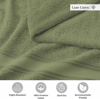 Lane Linen 100% Cotton 4 Pack Bath Towels (30"x60") - Zero Twist, Mercerized Cotton Bathroom Towel Set - Quick Dry, Extra Soft & Absorbent Large Bath Towels - Tumble Dry Regains Fluffiness - Oil Green