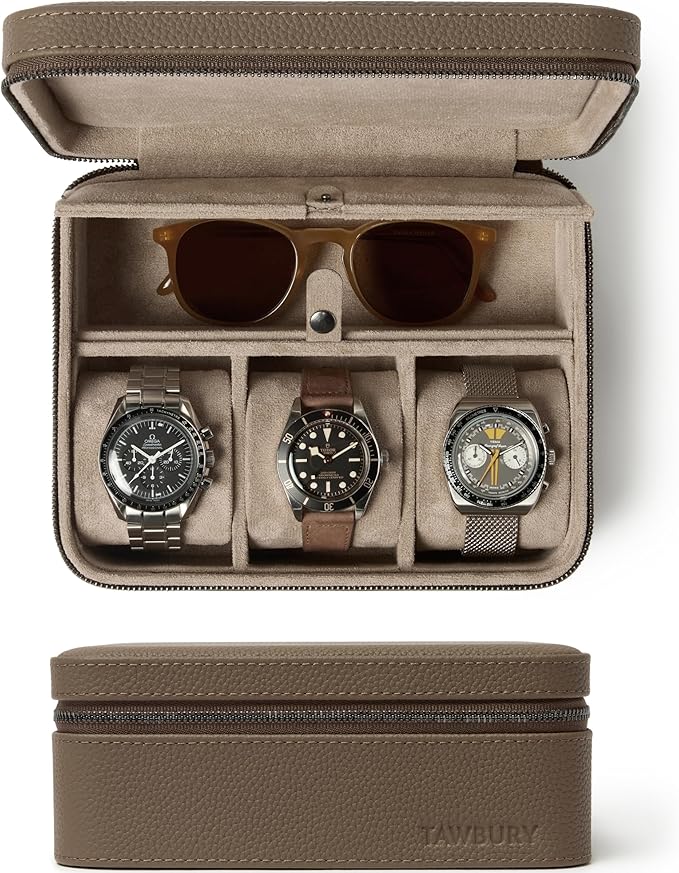 TAWBURY Watch Case - 3 Slot Portable Watch Storage Box for Home & Travel with Extra Wide Pillows for Large Watches and Compartment for Accessory Storage (Taupe)