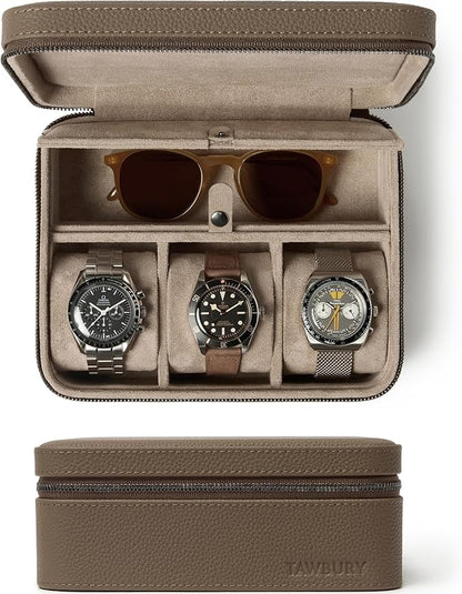 TAWBURY Watch Case - 3 Slot Portable Watch Storage Box for Home & Travel with Extra Wide Pillows for Large Watches and Compartment for Accessory Storage (Taupe)