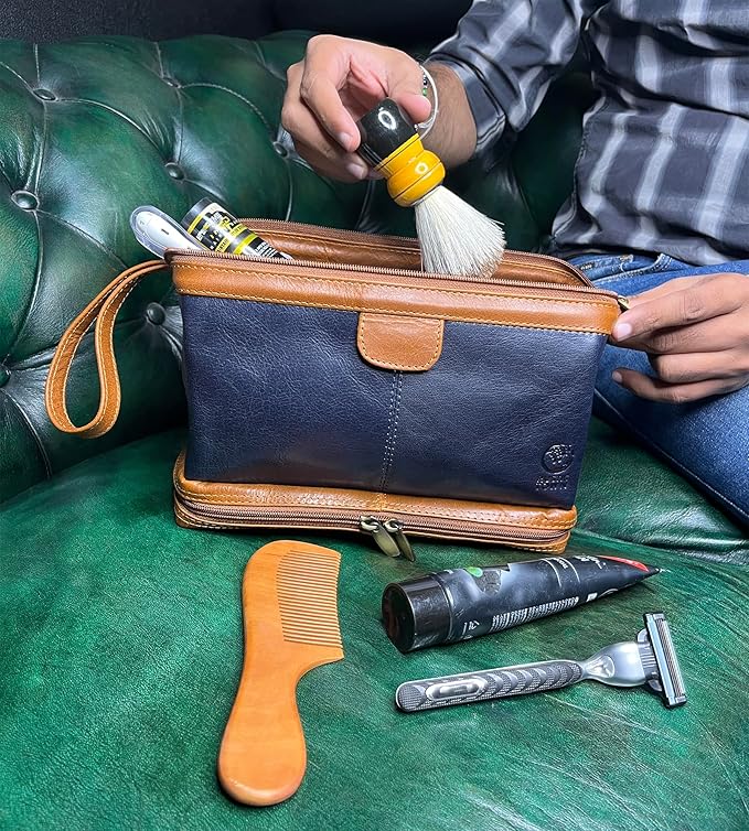RUSTIC TOWN Leather Toiletry Bag for Men - Vintage Travel Gift Shaving Ditty Kit - Bathroom Shower Toiletries Hygeine Organizer - Cosmetic Makeup Bag for Women