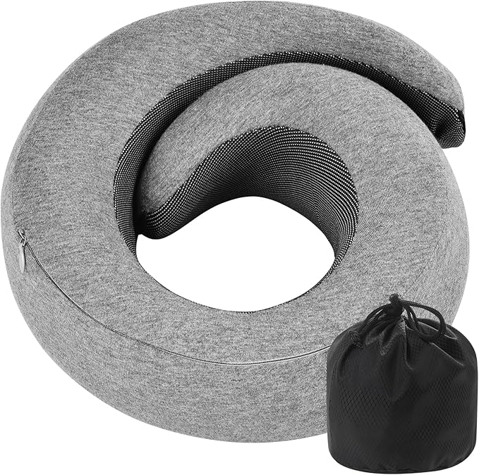 REDOFF®Travel Pillow for Neck Support, Memory Foam Neck Pillow for Airplane, Car, Office - Adjustable Strap with Magic Tape, Breathable & Portable with Storage Bag（Gray