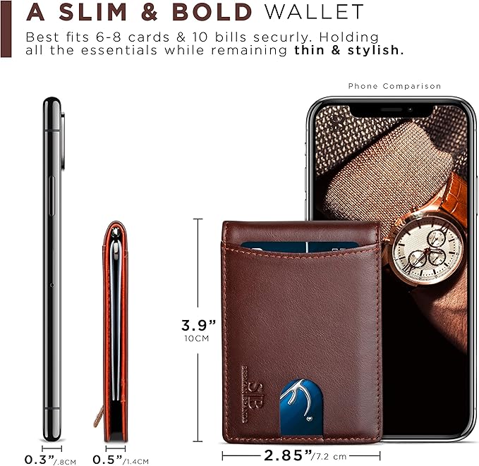 SERMAN BRANDS RFID Blocking Slim Bifold Genuine Leather Minimalist Front Pocket Wallets for Men with Money Clip Thin Mens