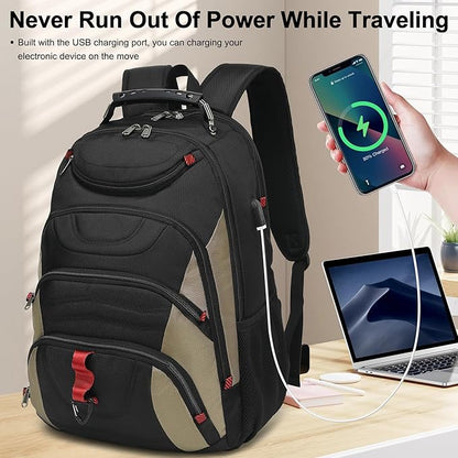 Boavan Laptop Backpack for men, 17.3 inch Laptop Bag with USB Port, Waterproof Travel Work Backpack Purse, Anti-Theft Teacher Nurse Doctor Casual Bookbags Office Business backpack，Black&Khaki