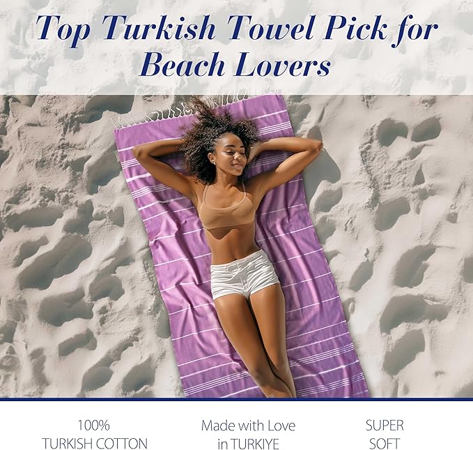Cacala Lightweight and Thin Turkish Beach Towel 100% Cotton Sand-Free and Quick-Drying Goodness Perfect as an Extra Large Travel Towel, Beach Accessory, or Gift for Beach Lovers, 37 x 70