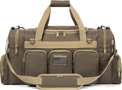 Tactical Range Duffel Heavy Duty Military Molle Gear Travel Sports Gym Bag Lockable Zippers with US Flag Patch (27 In Khaki)