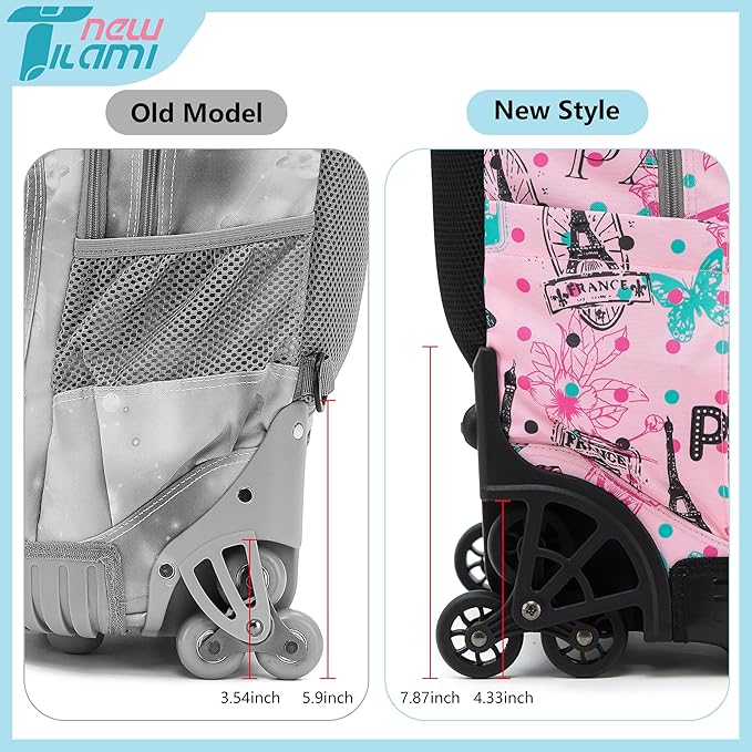NEW TILAMI 18 Inch Rolling Backpack with Wheels for Girls Boys Kids Laptop Backpack School Travel, Pink Paris