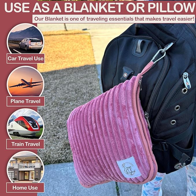 Premium Travel blanket pillow - XL 50"x70" | 2 in 1 Travel Blanket Airplane Compact with Bag having Hand Luggage Sleeve & Backpack Clip | Roadtrip, Hiking and long flight must haves | Airplane Comfort