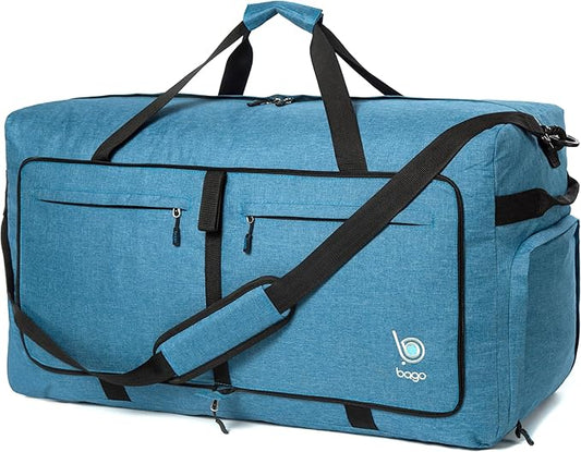 Bago Big XXL Foldable Duffel Bags for Traveling Women & Men - 140L Packable Duffle Bag for Travel with Shoe Compartment - Water Repellant, Heavy Duty, Lightweight Folding & Collapsible (SnowBlue)