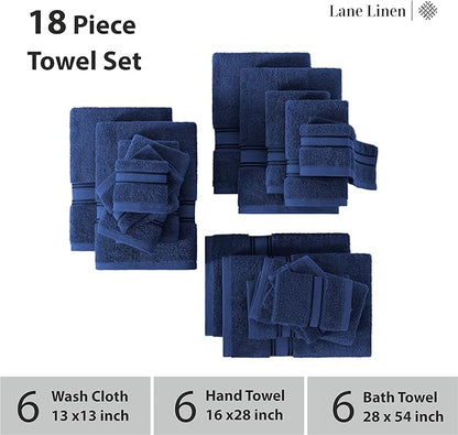 LANE LINEN 100% Mercerized Cotton Bath Towel Set of 18 – Zero Twist Shower Towels, 6 Bath, 6 Hand Towel & 6 Washcloths, Quick-Dry, Luxuriously Soft & Durable, Perfect for Everyday use – Navy