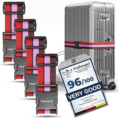 TRAVELY Luggage Straps - Particularly conspicuous & Secure - Incl. 4 Name Tags - Luggage Strap Ideal crosswise - [Set of 4]