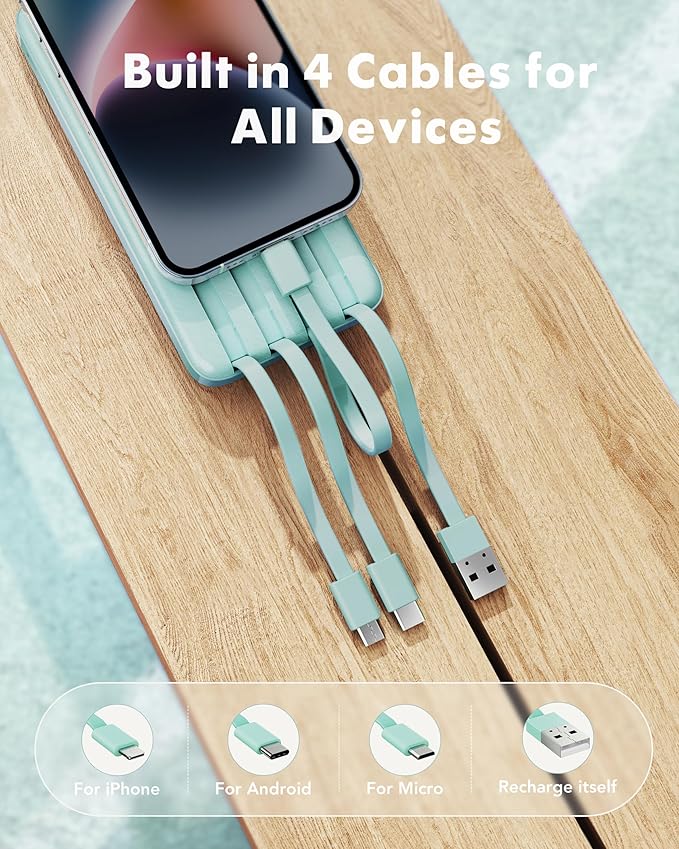 charmast Portable Charger with Built in Cables, Power Bank with Cords Wires, Slim 10000mAh Travel Battery Pack 6 Outputs 3 Inputs 5A Fast Charging for Samsung Google Pixel LG Moto iPhone iPad