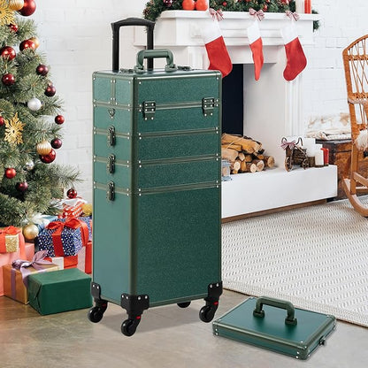 Makeup Train Case, Rolling Makeup Case with Lid, 5 in 1 Cosmetology Case on Wheels, Christmas Gift, Large Makeup Case Organizers, Profesional Cosmetic Case for Salon Barber, Green