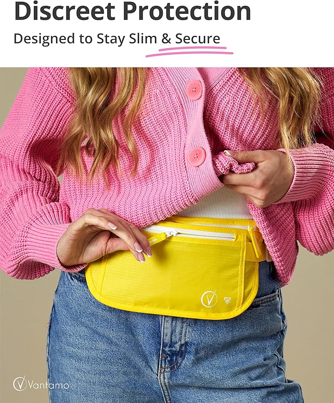 Vantamo Money Belt with RFID For Men & Women, Hidden Passport Holder for Travel, 2 Compartment Travel Fanny Pack for Women Anti Theft