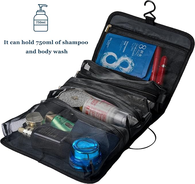 Toiletry Bag Can Hanging Small Roll-Up Makeup Organizer Bag with 3 Detachable Transparent Mesh Folding Cosmetic Travel Bags for Women & Men Black Toiletries Organizer Bag Gym Camping Grooming, Black