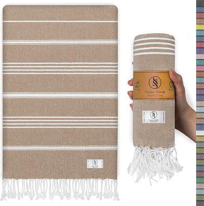 Turkish Beach Towel Absorbent & Lightweight Oversized (39" x 71") - Quick Dry, Versatile and Functional as Yoga Mat, Picnic Blanket/Travel Blanket, Flight, Gym and Bath Towels - Light Brown