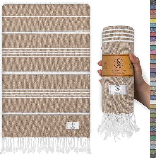 Turkish Beach Towel Absorbent & Lightweight Oversized (39" x 71") - Quick Dry, Versatile and Functional as Yoga Mat, Picnic Blanket/Travel Blanket, Flight, Gym and Bath Towels - Light Brown