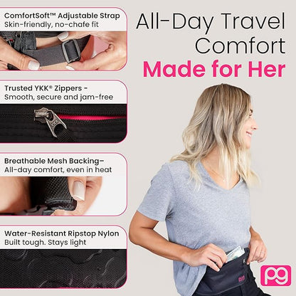 Peak Gear Women’s Money Belt - Hidden Travel Waist Pouch for Women | RFID Blocking, Slim Under-Clothes Passport Holder with PeakCharm Jewelry Pocket + 2 ReturnMe™ Recovery Tags
