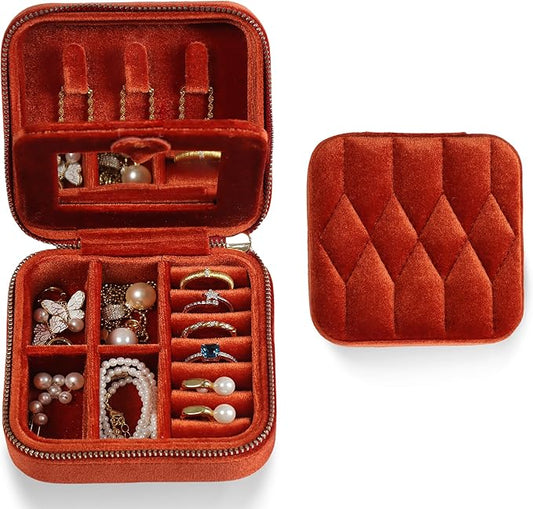 Velvet Jewelry Box – Travel Jewelry Case Organizer with Mirror, Adjustable Compartments for Women | Luxury Storage Case & Gift for Her - Caramel