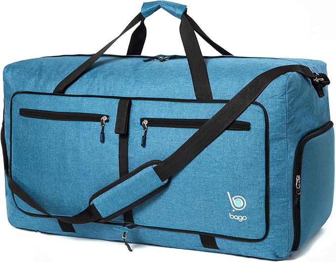 Bago Foldable Duffel Bags for Traveling Women & Men - 60L Medium Packable Duffle Bag for Travel with Shoe Compartment - Water Repellant, Heavy Duty, Lightweight Folding & Collapsible (SnowBlue)