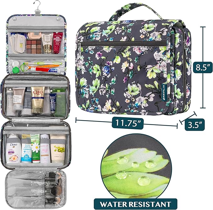 PAVILIA Hanging Toiletry Bag Women Men, Foldable Cosmetic Organizer Travel Bag, Water Resistant Makeup Bag Toiletries, Large Travel Essentials Kit (Grey Floral)